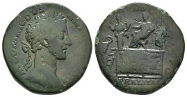 Roman Imperial
Commodus Æ Sestertius. Rome, AD 180. M COMMODVS ANTONINVS AVG, laureate head to right / [TR P V IMP IIII COS II P P], Emperor seated to...