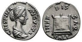 Roman Imperial
Crispina (wife of Commodus) AR Denarius. Rome, AD 180. CRISPINA AVGVSTA, draped bust to right / DIS GENITALIBVS, garlanded and lighted ...