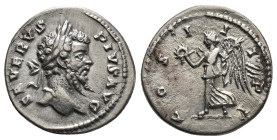 Septimius Severus AR Denarius. Laodicea ad Mare, AD 202. SEVERVS PIVS AVG, laureate head to right / COS III P P, Victory advancing to left, holding wr...