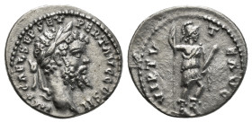 Septimius Severus AR Denarius. Emesa, AD 194-195. IMP CAE L SEPT SEV PERT AVG COS II, laureate head right / VIRTVTE AVG, Virtus standing right, holdin...