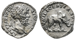 Septimius Severus AR Denarius. Rome, AD 197. L SEPT SEV PERT AVG IMP VIIII, laureate head to right / MVNIFICENTIA AVG, cuirassed elephant advancing to...