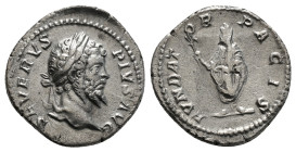 Septimius Severus AR Denarius. Rome, AD 202-210. SEVERVS PIVS AVG, laureate head to right / FVNDATOR PACIS, emperor, veiled and togate, standing to le...