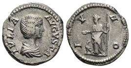 Julia Domna (wife of S. Severus) AR Denarius. Rome, AD 196-211. IVLIA AVGVSTA, draped bust to right / IVNO, Juno standing to left, holding patera and ...