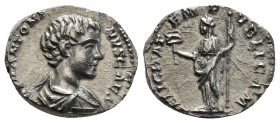Caracalla (197 - 217 n. Chr.).
Denar (Silber). 196 - 198 n. Chr. (als Caesar). Rom.
Vs: M AVR ANTON CAES PONTIF. Drapierte Büste rechts.
Rs: FELICITAT...
