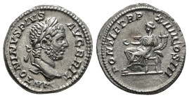 Caracalla AR Denarius. Rome, AD 210. ANTONINVS PIVS AVG BRIT, laureate head to right / PONTIF TR P XIII COS III, Concordia seated to left, holding pat...
