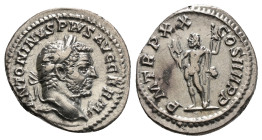 Caracalla AR Denarius. Rome, AD 217. ANTONINVS PIVS AVG GERM, laureate head to right / P M TR P XX COS IIII P P, Jupiter standing to left, holding thu...