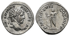 Caracalla AR Denarius. Rome, AD 214. ANTONINVS PIVS AVG GERM, laureate head to right / P M TR P XVII COS IIII P P, Jupiter standing to left, holding t...