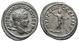Caracalla AR Denarius. Rome, AD 216. ANTONINVS PIVS AVG GERM, laureate head to right / P M TR P XVIII COS IIII P P, radiate Sol standing facing, head ...