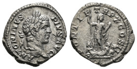 Caracalla AR Denarius. Rome, AD 207. ANTONINVS PIVS AVG, laureate head to right / PONTIF TR P X COS II, Emperor in military dress standing facing, hea...