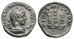 Elagabalus AR Denarius. Rome, AD 218-222. IMP ANTONINVS PIVS AVG. laureate and draped bust right / FIDES MILITVM, aquila between two signa, with shiel...