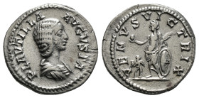 Plautilla (wife of Caracalla) AR Denarius. Rome, AD 202-205. PLAVTILLA AVGVSTA, draped bust to right / VENVS VICTRIX, Venus standing facing, head to l...