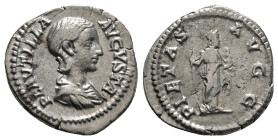 Plautilla (wife of Caracalla) AR Denarius. Rome, AD 202-205. PLAVTILLA AVGVSTA, draped bust to right / PIETAS AVGG, Pietas standing to right, holding ...