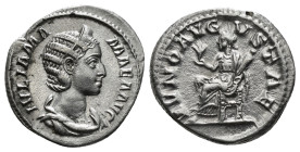 Julia Mamaea (mother of S. Alexander) AR Denarius. Rome, AD 222-235. IVLIA MAMAEA AVG, diademed and draped bust to right / IVNO AVGVSTAE, Juno seated ...