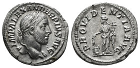 Severus Alexander AR Denarius. Rome, AD 232. IMP ALEXANDER PIVS AVG, laureate head to right, slight drapery over far shoulder / PROVIDENTIA AVG, Provi...