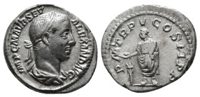Severus Alexander AR Denarius. Rome, AD 227. IMP C M AVR SEV ALEXAND AVG, laureate and draped bust to right / P M TR P V COS II P P, emperor standing ...
