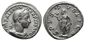 Severus Alexander AR Denarius. Rome, AD 231-235. IMP ALEXANDER PIVS AVG, laureate, draped and cuirassed bust to right / SPES PVBLICA, Spes walking to ...