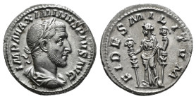 Maximinus I AR Denarius. Rome, AD 235-236. IMP MAXIMINVS PIVS AVG, laureate, draped and cuirassed bust to right / FIDES MILITVM, Fides standing facing...