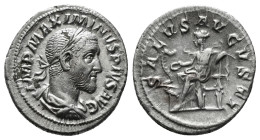 Maximinus I AR Denarius. Rome, AD 235-236. IMP MAXIMINVS PIVS AVG, laureate, draped and cuirassed bust to right / SALVS AVGVSTI, Salus seated to left,...