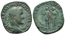 Maximinus I Æ Sestertius. Rome, AD 236-237. MAXIMINVS PIVS AVG GERM, laureate, draped and cuirassed bust to right / VICTORIA GERMANICA, Emperor standi...