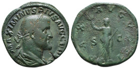 Maximinus I Æ Sestertius. Rome, AD 236-238. MAXIMINVS PIVS AVG GERM, laureate, draped and cuirassed bust to right / PAX AVGVSTI, Pax standing facing, ...