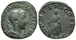 Gordian III.
Bronze Sestertius, AD 239. Rome.
Obv: IMP CAES GORDIANVS PIVS AVG, laureate, draped and cuirassed bust right. Rev: P M TR P II COS P P, E...