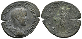 Gordian III.
Bronze Sestertius, AD 239. Rome.
Obv: IMP CAES GORDIANVS PIVS AVG, laureate, draped and cuirassed bust right. Rev: P M TR P II COS P P, E...