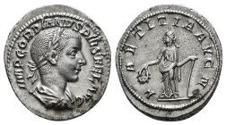 Gordian III AR Denarius. Rome, AD 241-243. IMP GORDIANVS PIVS FEL AVG, laureate, draped and cuirassed bust right / LAETITIA AVG N, Laetitia standing l...