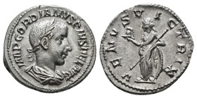 Gordian III AR Denarius. Rome, AD 241. IMP GORDIANVS PIVS FEL AVG, laureate, draped and cuirassed bust right / VENVS VICTRIX, Venus standing left, hol...
