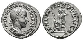 Gordian III AR Denarius. Rome, AD 241. IMP GORDIANVS PIVS FEL AVG, laureate, draped and cuirassed bust to right / SECVRITAS PVBLICA, Securitas seated ...