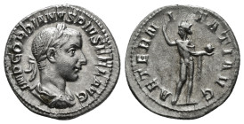 Gordian III AR Denarius. Rome, AD 241-243. IMP GORDIANVS PIVS FEL AVG, laureate, draped and cuirassed bust to right / AETERNITATI AVG, Sol standing to...