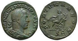 Philip I Æ Sestertius. Rome, AD 249. IMP M IVL PHILIPPVS AVG, laureate, draped and cuirassed bust right / FORTVNA REDVX, Fortuna seated left, holding ...
