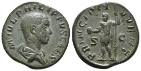 PHILIPPUS II Caesar, AD 244-246. Sestertius. AE 19.03 g. M IVL PHILIPPVS CAES Draped, cuirassed and bare-headed bust r., seen from rear. Rev. PRINCIPI...