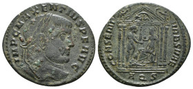 Maxentius. AD 307-312. Æ Follis (5,62 g). Aquileia mint
Laureate head right / Roma seated left on shield within tetrastyle temple, holding scepter and...