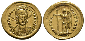 Roman Imperial
Theodosius II, 402-450. Solidus (4,46 g - 21,69 mm), Constantinopolis, circa 420-422. D N THEOD-SIVS P F AVG Helmeted, pearl-diademed a...