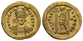 Roman Imperial
Marcian, 450-457. Solidus (4,50 g - 21,75 mm), Constantinopolis. D N MARCIA-NVS P F AVG Helmeted, pearl-diademed and cuirassed bust of...