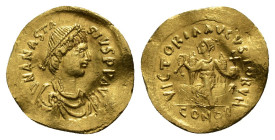 Byzantine Anastasius I. 491-518. AV Tremissis (1,45 g - 15,05 mm. Constantinople mint. Struck 491-circa 492. Diademed, draped, and cuirassed bust righ...