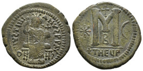 Byzantine
Justinian I (527-565). Æ 40 Nummi (17,66 g - 32,70 mm). Theoupolis (Antioch), c. 529-533. Justinian seated facing on throne, holding sceptre...
