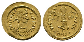 Byzantine
Maurice Tiberius, 582-602. Semissis (2,18 g - 17,61 mm). Constantinopolis, circa 582-602. Pearl-diademed, draped and cuirassed bust right. R...