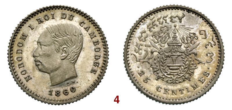 CAMBOGIA Norodom I (1860-1904) 25 Cent 1860. Kr. 44 Ag g 1,40 • Rarissima varian...