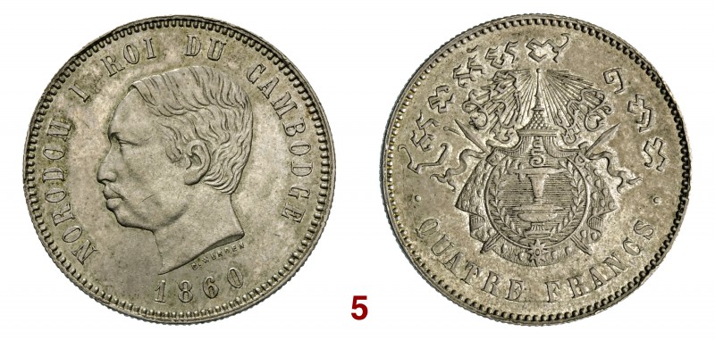 CAMBOGIA Norodom I (1860-1904) 4 Franchi 1860. Kr. 8 Ag g 19,65 BB/SPL