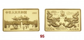CINA REPUBBLICA POPOLARE (dal 1949) 500 Yuan 2000 tipo dragoni. Kr. 1324 Au • Solo 118 esemplari coniati, questo è il 31° FDC/proof