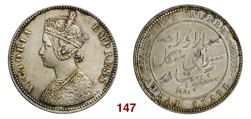 INDIA Alwar Rupia 1880 a nome della regina Vittoria. Kr. 45 Ag g 11,65
Alwar Rup...