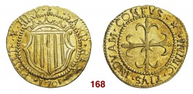 Cagliari Filippo V di Spagna, 1700-1719. Scudo 1701, AV 3,19 g. PHILIP V HISP ET SARD REX Stemma d'Aragona in cartella coronata; sotto, nel giro, 1701...