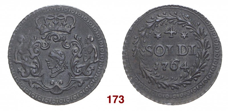 Corte Pasquale Paoli generale, 1762-1768. Da 4 soldi 1764, Mist. 2,06 g. Stemma ...