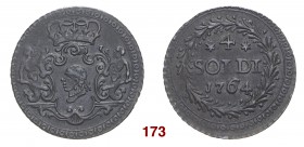 Corte Pasquale Paoli generale, 1762-1768. Da 4 soldi 1764, Mist. 2,06 g. Stemma coronato in cartella; ai lati, geni marini con mazze. Rv. 4 / SOLDI / ...