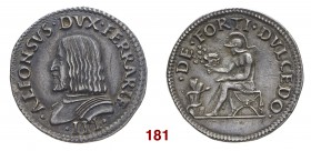 Ferrara Alfonso I d’Este, 1505-1534. Quarto di scudo o testone, AR 9,59 g. ALFONSVS DVX FERRARIE – III Busto corazzato, con corta barba, a s. Rv. DE F...
