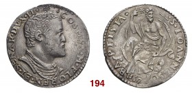 § Firenze Cosimo I de’Medici, 1537-1574. II periodo: duca di Firenze e Siena, 1557-1569. Testone 1567, AR 9,03 g. COSMVS M FLOREN ET SENAR DVX II Bust...