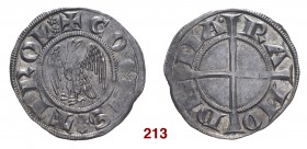 Merano Mainardo II e Alberto II, 1258-1271. Grosso aquilino, AR 1,58 g. COMES:TIROL: Aquila ad ali spiegate volta a d. Rv: DE MA. RA NO Croce patente ...