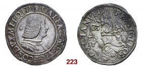 Milano Galeazzo Maria Sforza, 1466-1476. Testone, AR 9,63 g. Testina di S. Ambrogio GALEAZ M SF VICECOS DVX MLI QIT’ Busto corazzato a d.; dietro, bor...