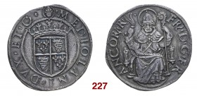 Milano Francesco I re di Francia e duca di Milano, 1515-1521. Testone, AR 9,49 g. FR/ DG FR – ANCOR/ R Sant’Ambrogio, seduto in trono di fronte, tiene...